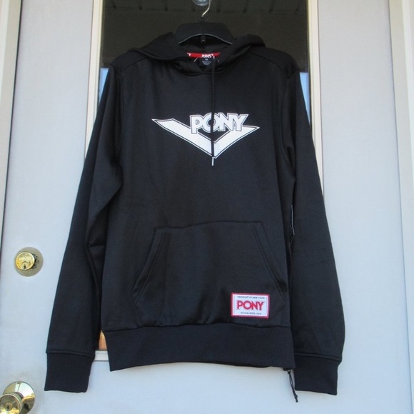 Pony logo hoodie with kangaroo pouch black and white size Men's M - Picture 3 of 14